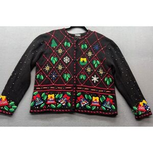 Designers Originals Studio Sweater Women's Sz L Ho Ho Ho Cardigan Christmas